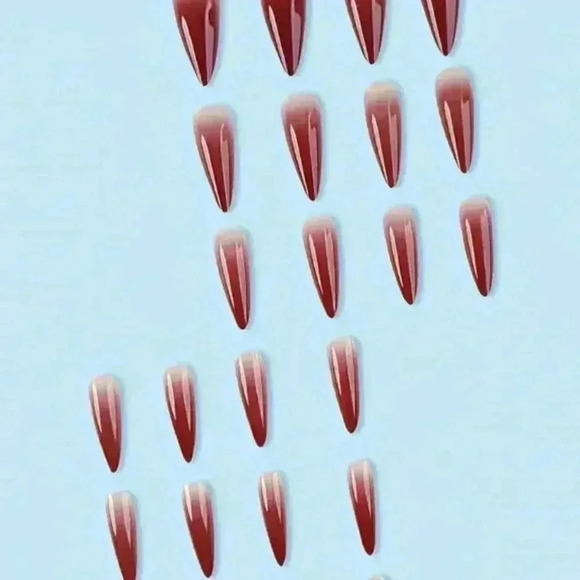 #32 24pcs Glossy Long Stiletto Press-On Nails - Wine Red Gradient with Stripe - Picture 3 of 10
